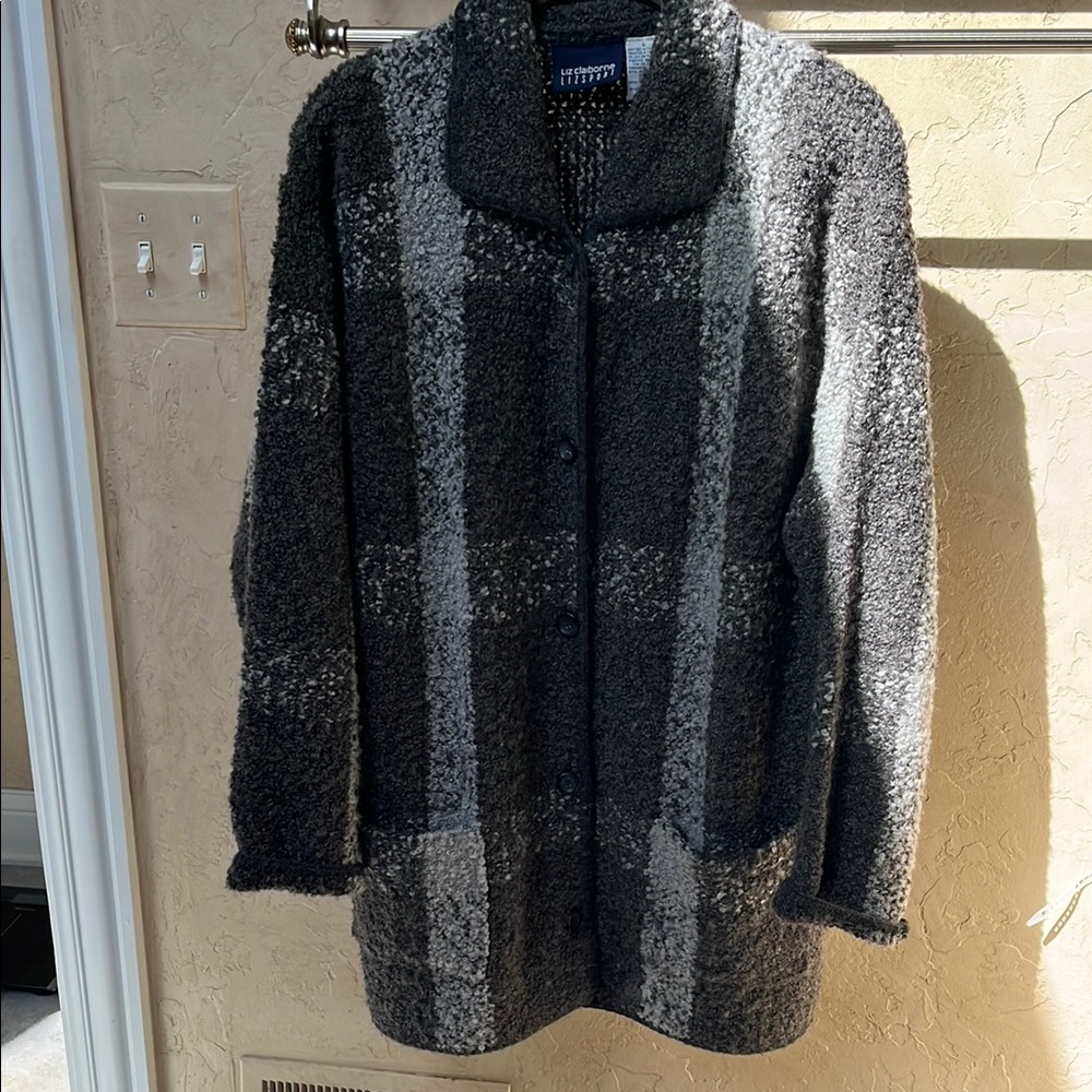 Women's Gray Plaid coat sweater. Liz Claiborne. Gently used.